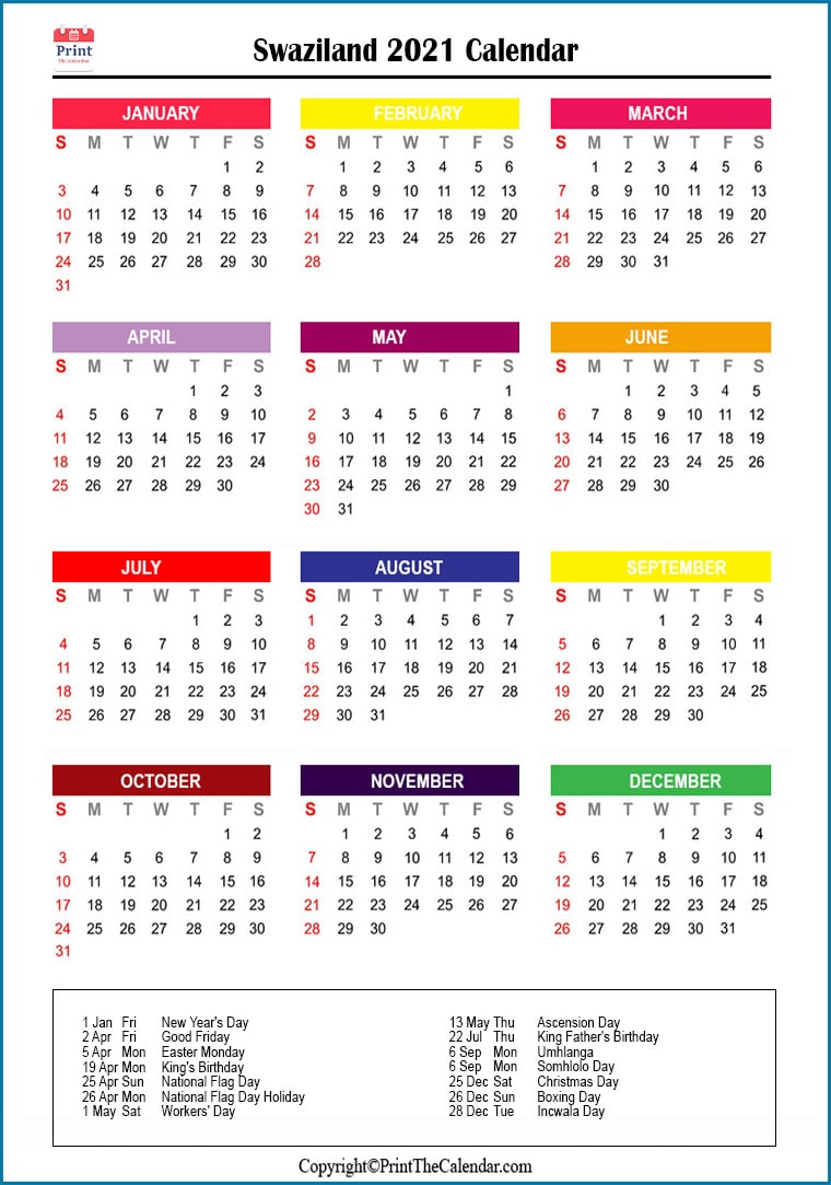 Swaziland Printable Calendar 2021